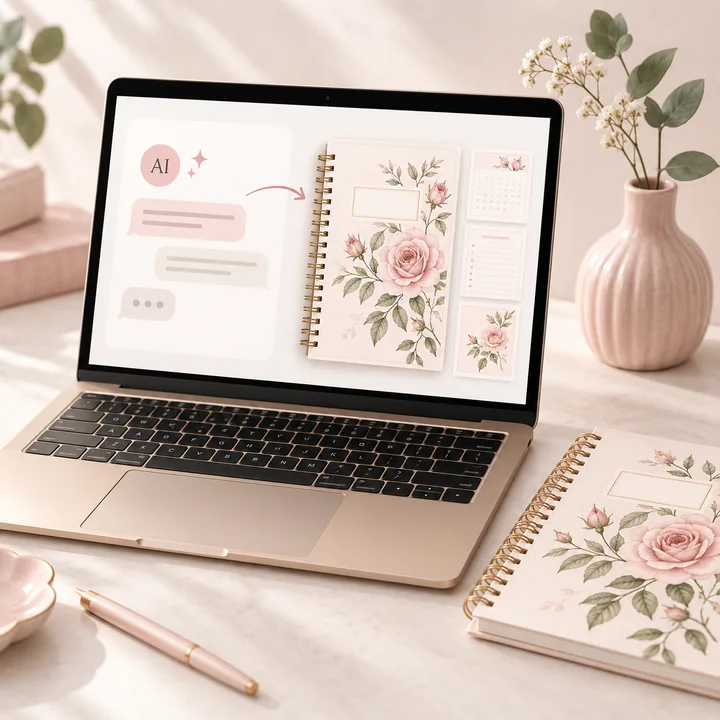 A laptop showing an AI-assisted workspace and a finished printable planner