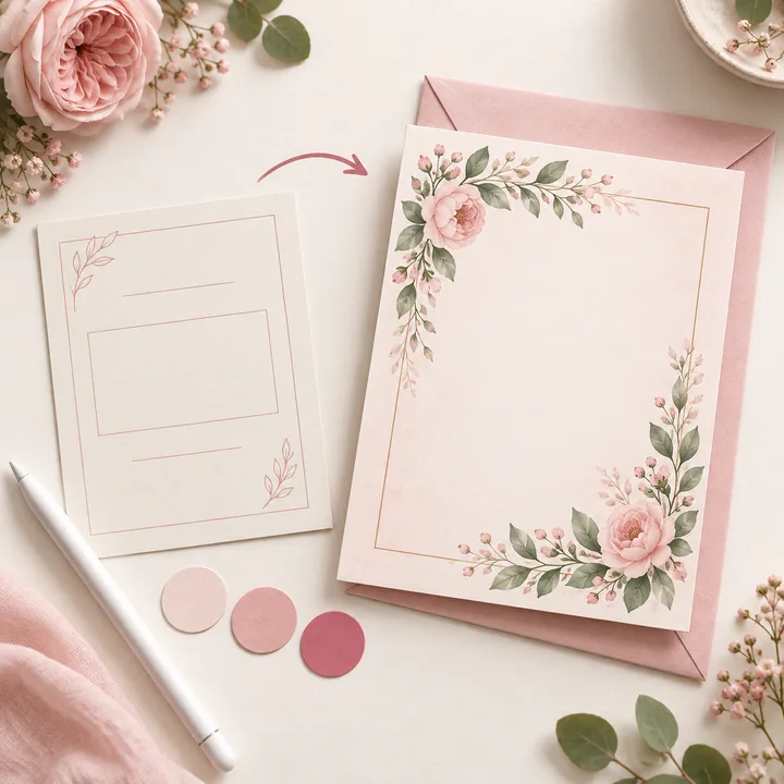 A simple invitation draft beside a finished botanical design