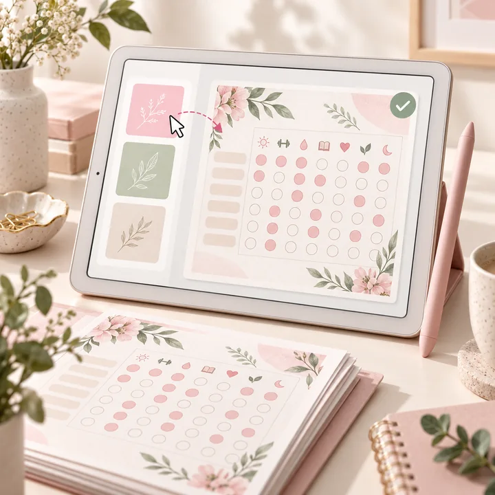 A tablet showing a simple visual editor for a digital habit tracker