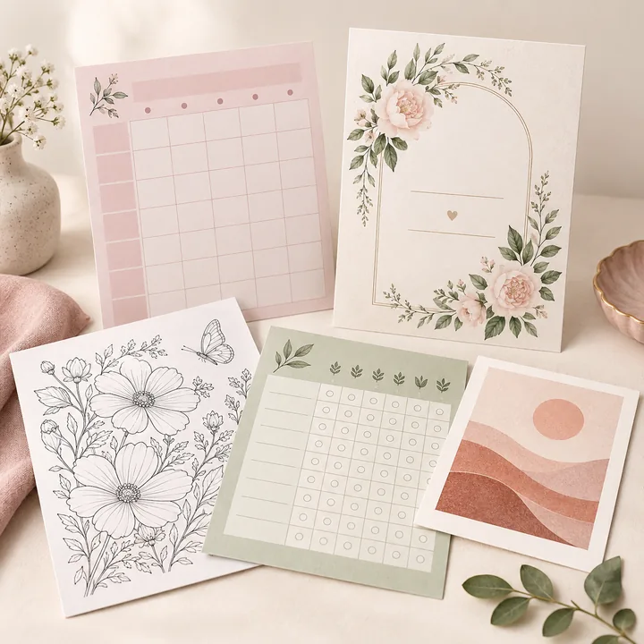 A collection of printable planners, invitations, coloring pages and wall art