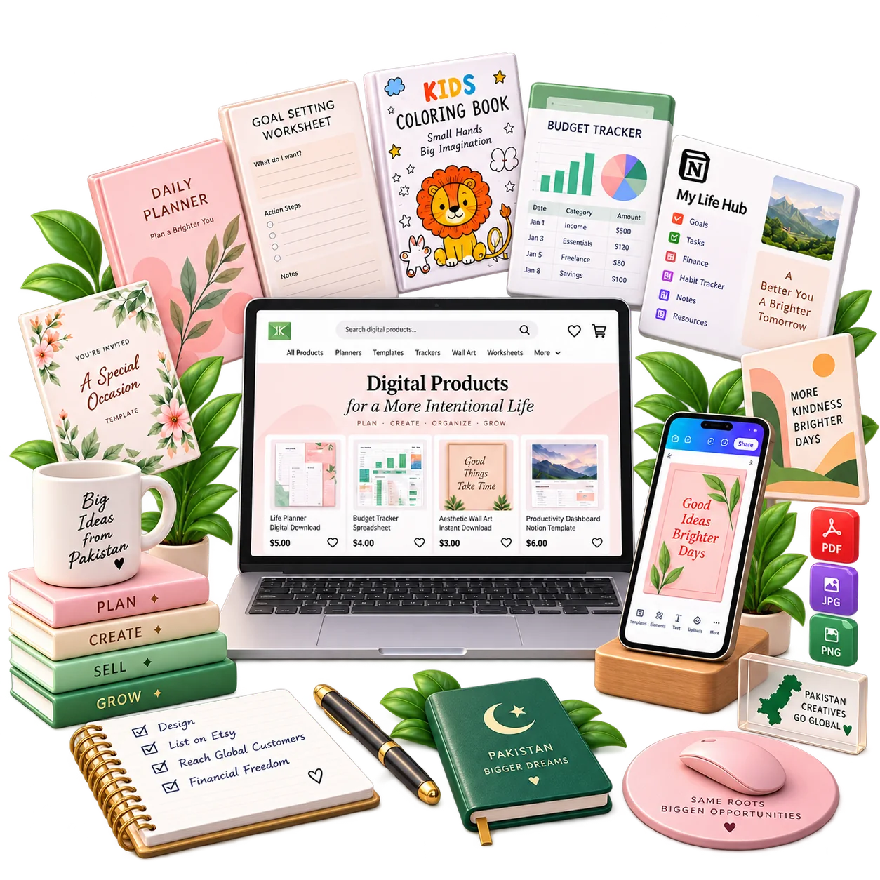 Digital planners, coloring books, invitations and templates around a laptop, created for the Etsy Digital Course
