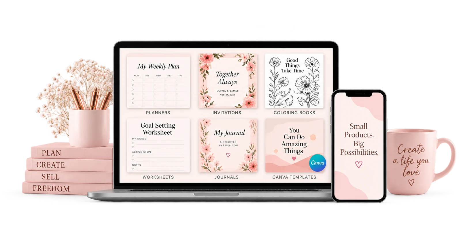 Laptop and phone displaying printable planners, invitations, coloring books, worksheets, journals and Canva templates