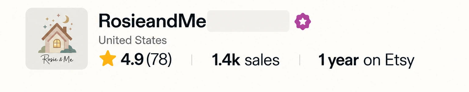 RosieandMe store overview showing a 4.9 rating and 1.4k sales