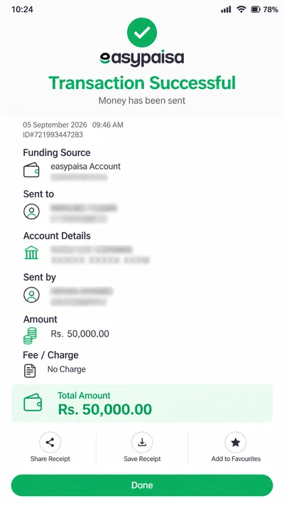Illustrative Easypaisa payment example 1; not an actual student payment record