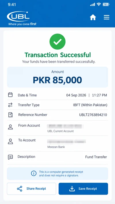 Illustrative UBL payment example 6; not an actual student payment record