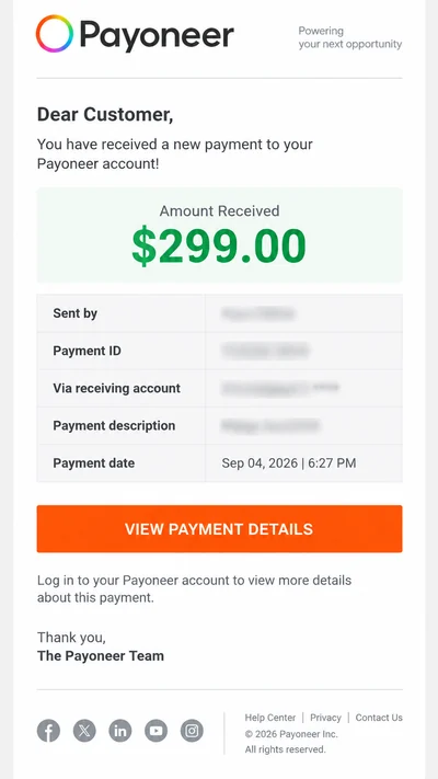 Illustrative Payoneer payment example 9; not an actual student payment record