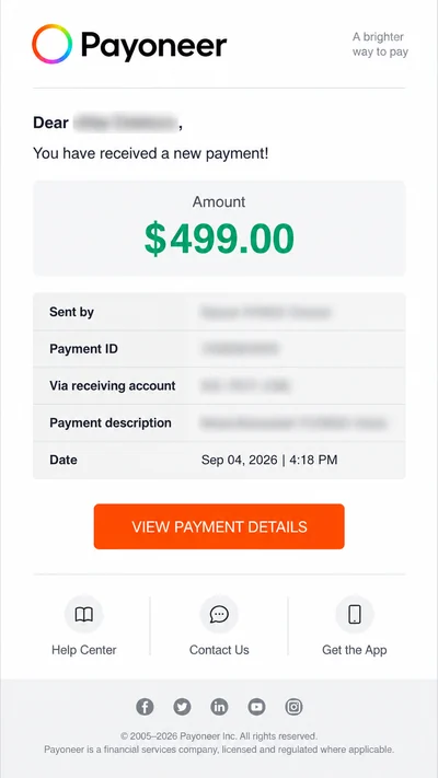Illustrative Payoneer payment example 10; not an actual student payment record