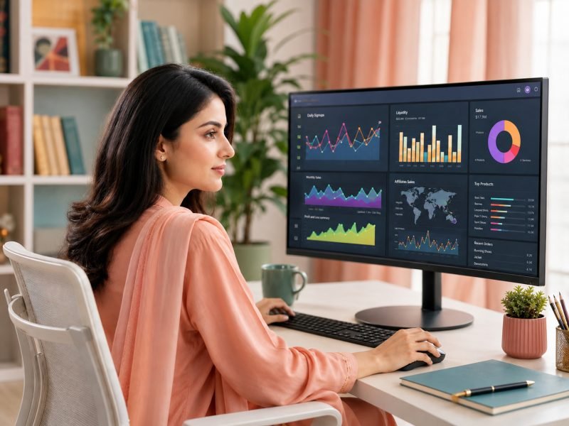 Marketer reviewing an ads performance dashboard on a large monitor