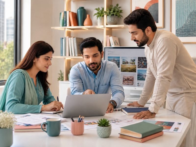 Small agency team reviewing campaign creatives together