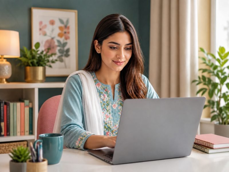 Woman learning digital marketing on a laptop at her home desk