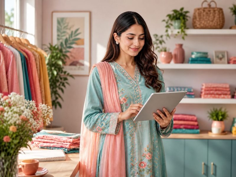 Boutique owner managing her clothing shop on a tablet