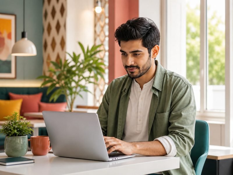 Freelancer working on client projects from a cafe