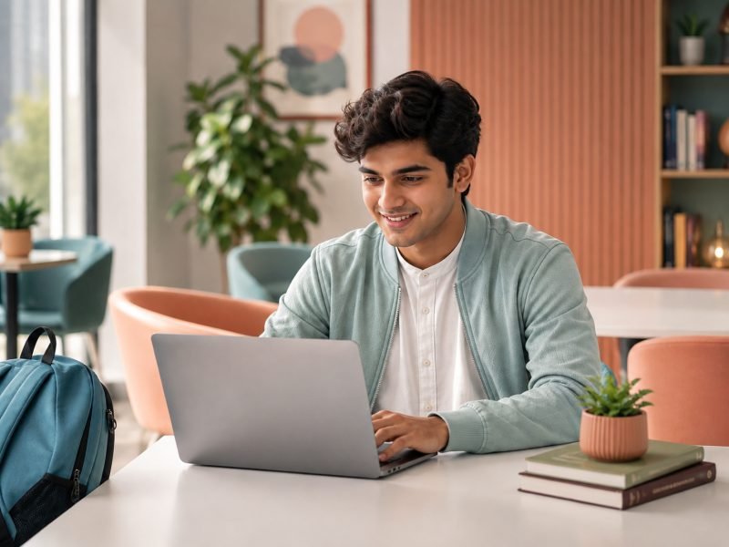 University student learning digital marketing on a laptop between classes