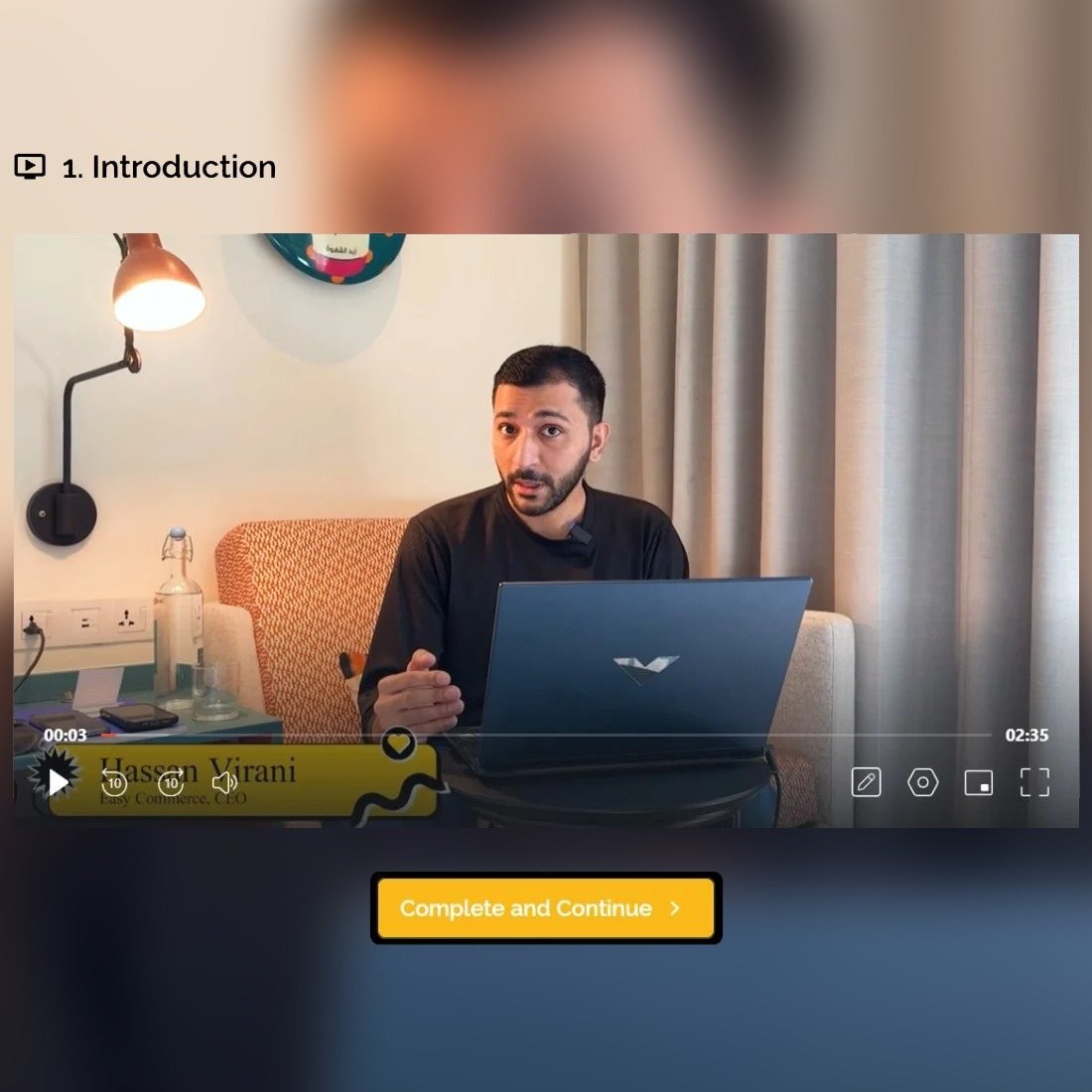 The first recorded lesson playing inside the course platform, with the video controls and the button on to the next lesson