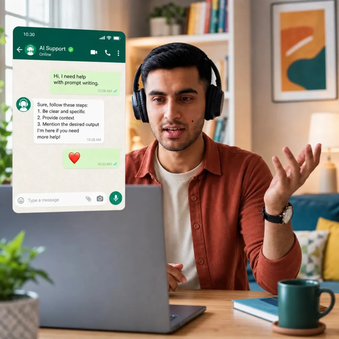 A student at a laptop beside a WhatsApp conversation answering a question about prompt writing