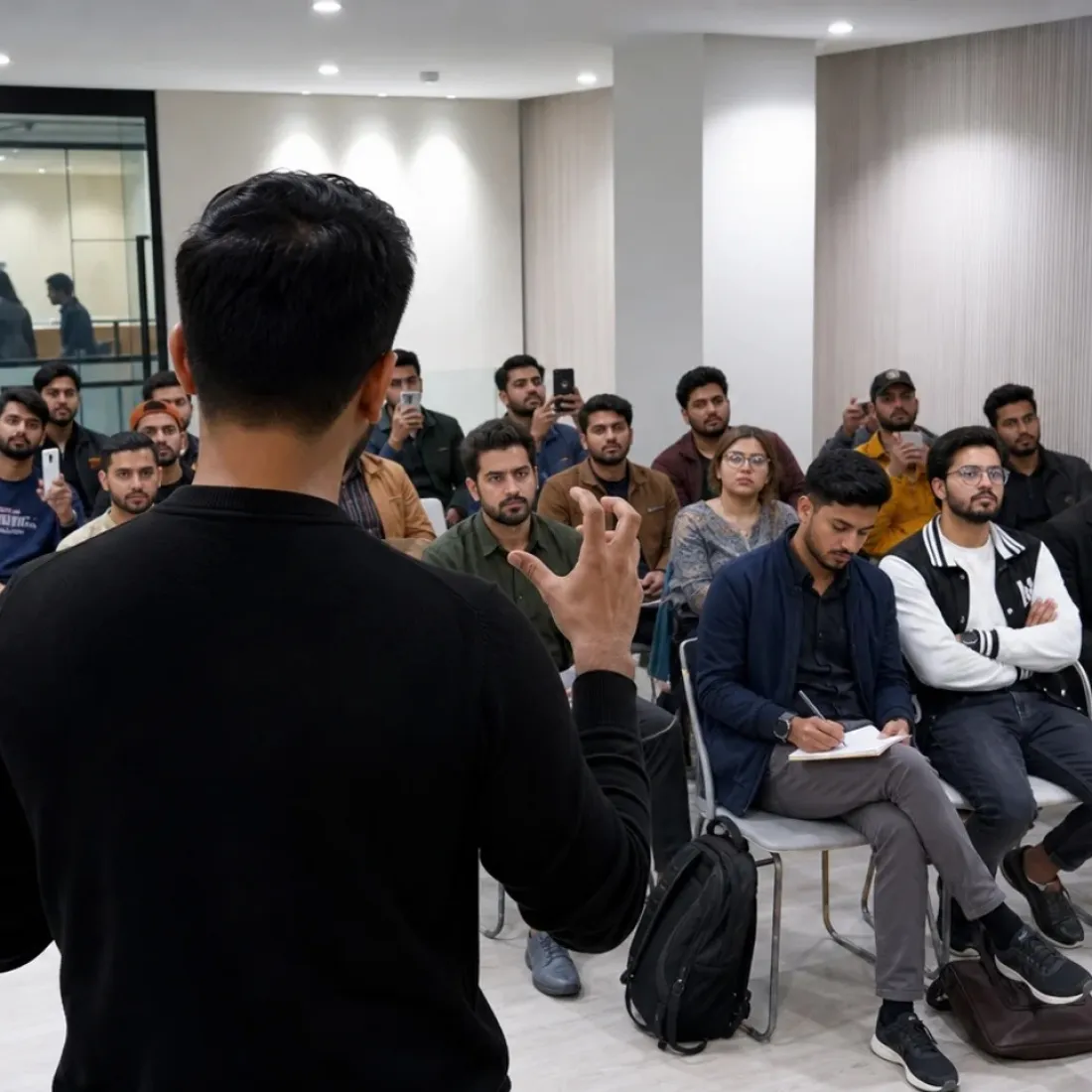 A trainer taking questions from a full room of students at an on-site EasyCommerce workshop