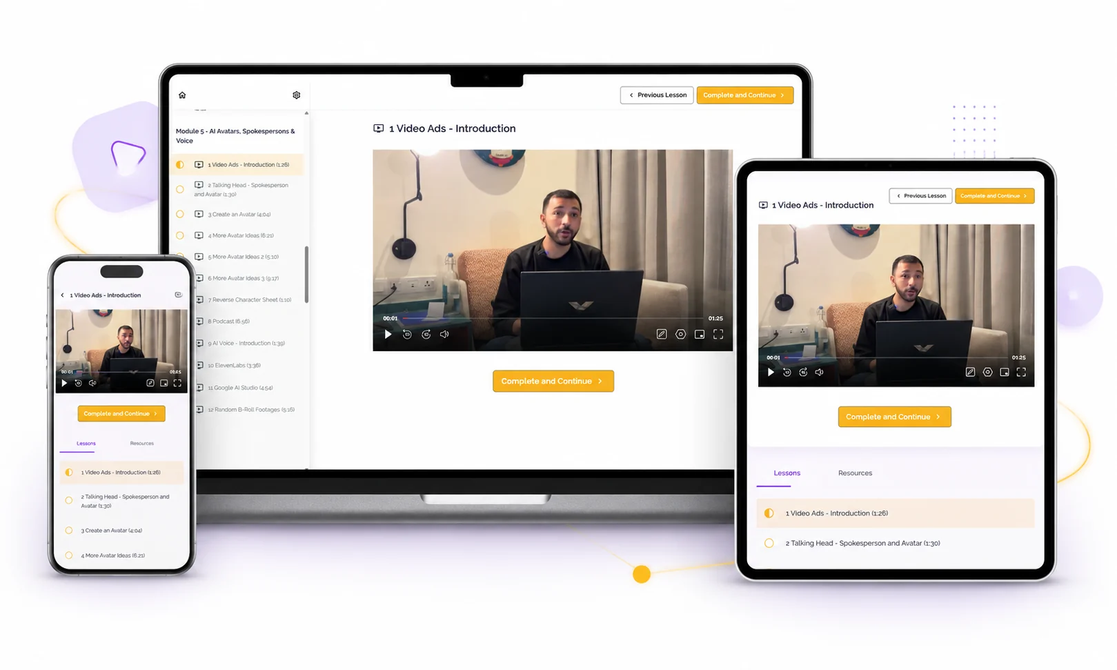 Preview lecture playing across desktop, tablet, and mobile screens