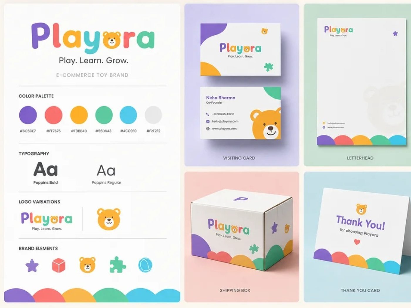 AI-built brand kit for a toy company: logo, colour palette, typography, business card, letterhead, packaging and stickers