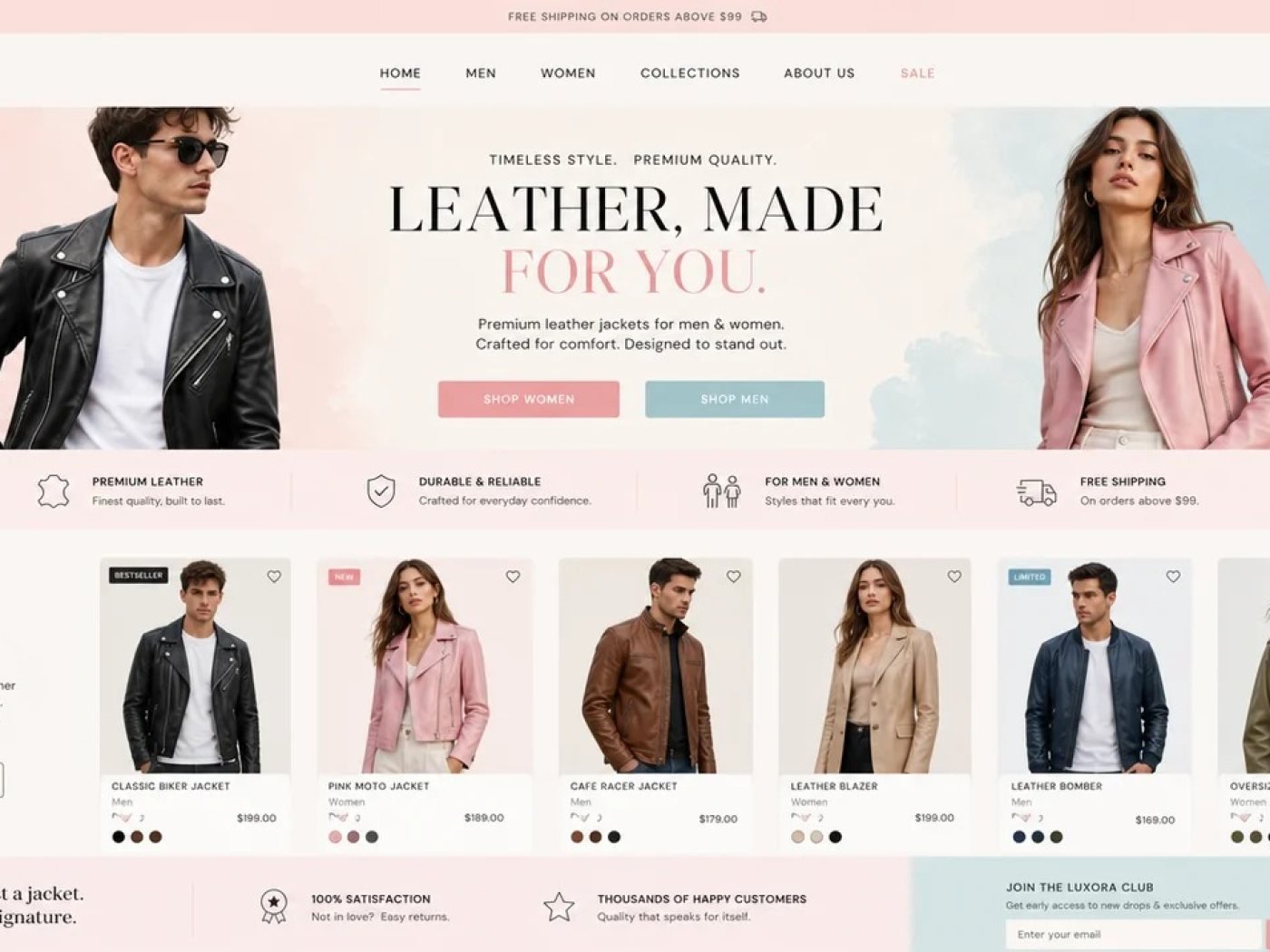 Leather clothing store homepage built with AI, showing the navigation, hero headline, and product collection