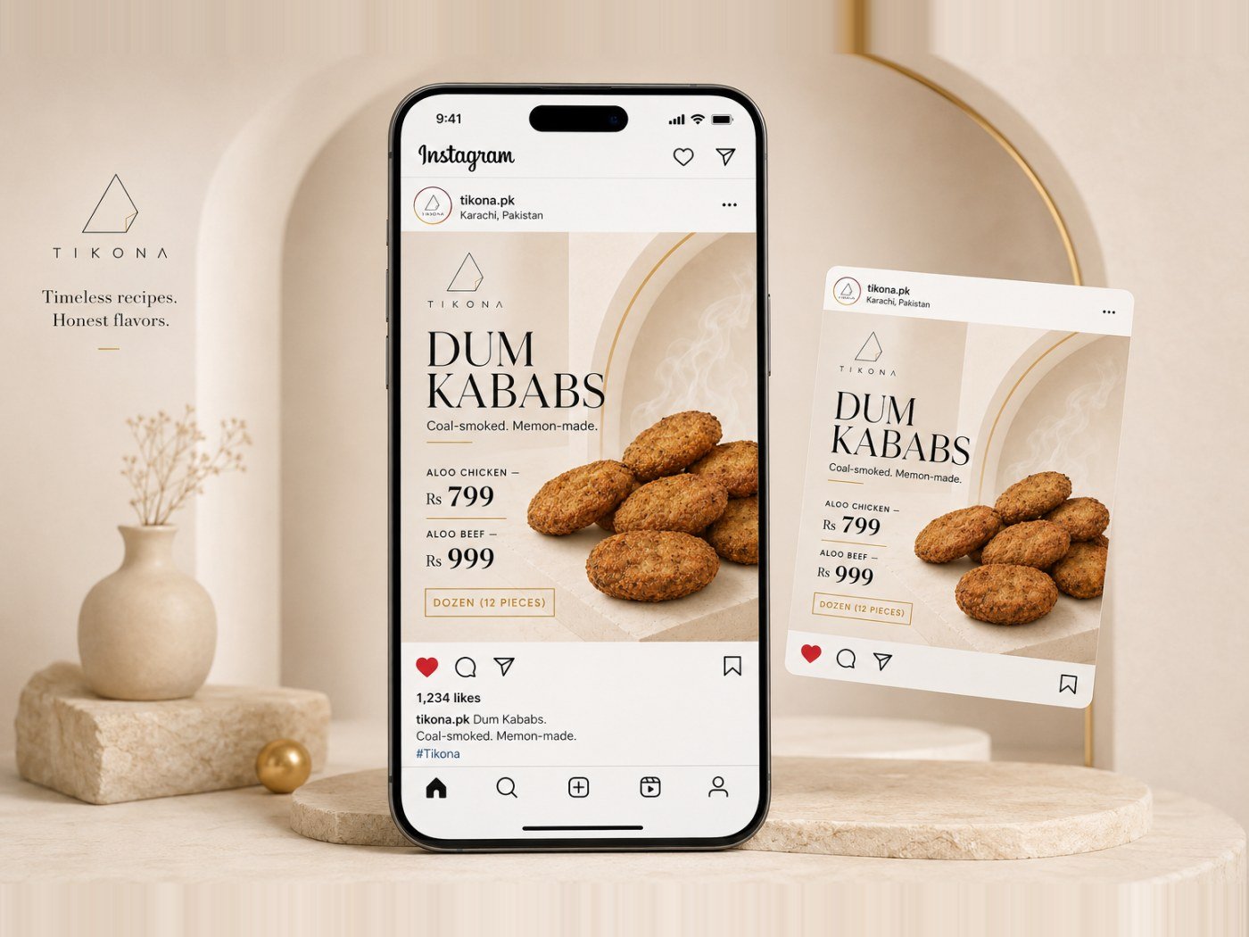 AI-made food brand ad shown as an Instagram post on a phone, with product headline and pricing