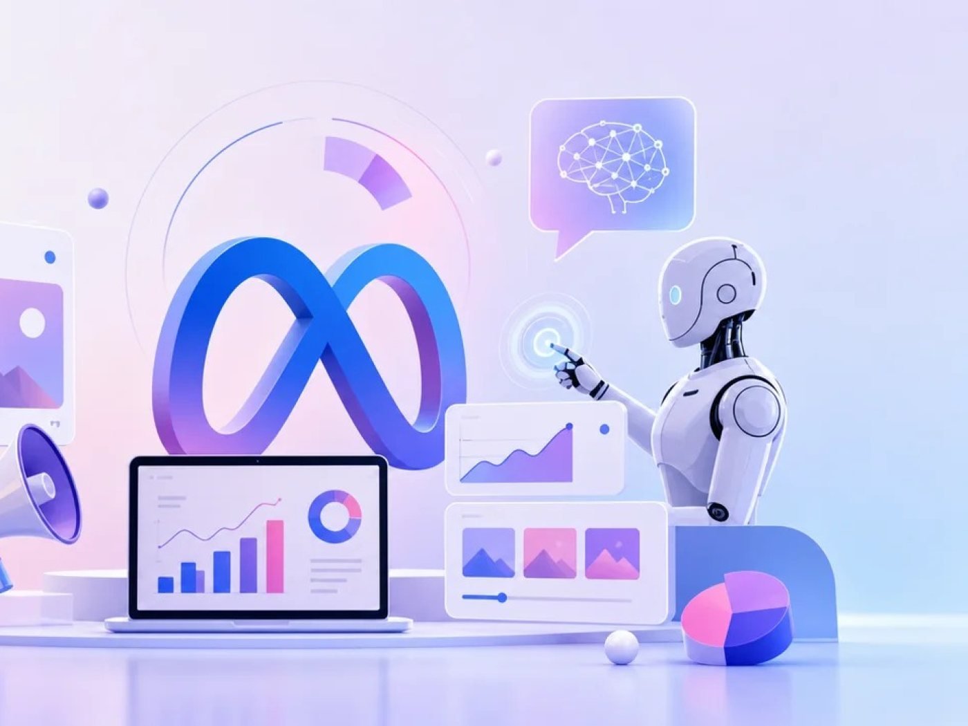Meta logo beside campaign dashboards and ad creatives, with an AI assistant working through the results