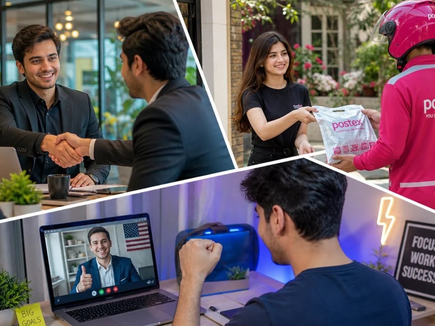 Closing a client deal, handing a packed order to a courier, and a video call with an overseas customer